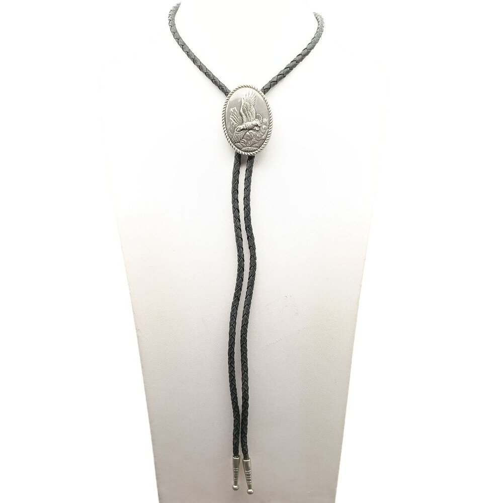 Ivan Vintage Eagle Design Western Bolo Tie with Braided Leather Cord & Silver